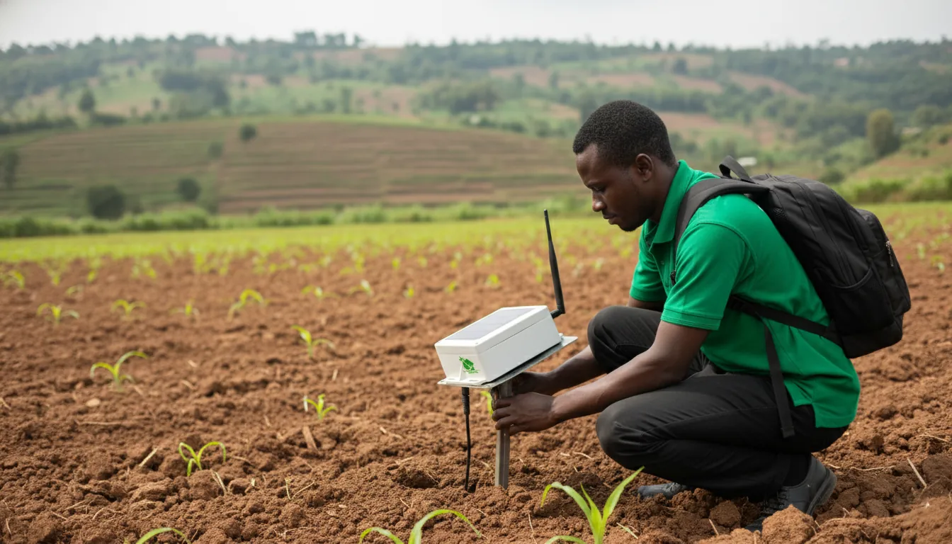 Faminga agronomist installing a soil sensor in a newly planted field