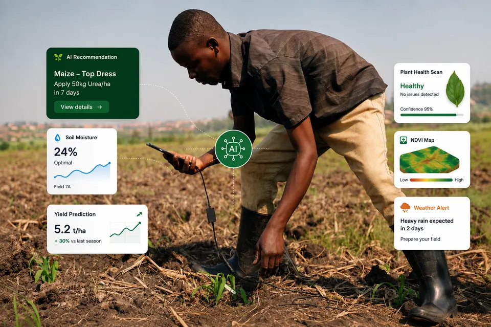 Farmer using the Faminga mobile platform in a maize field