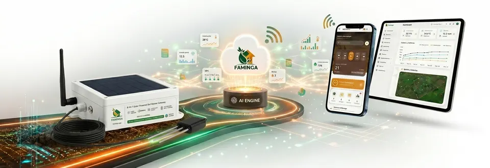 Faminga smart farming toolkit with sensors, gateway, AI cloud, mobile app, dashboard and irrigation output