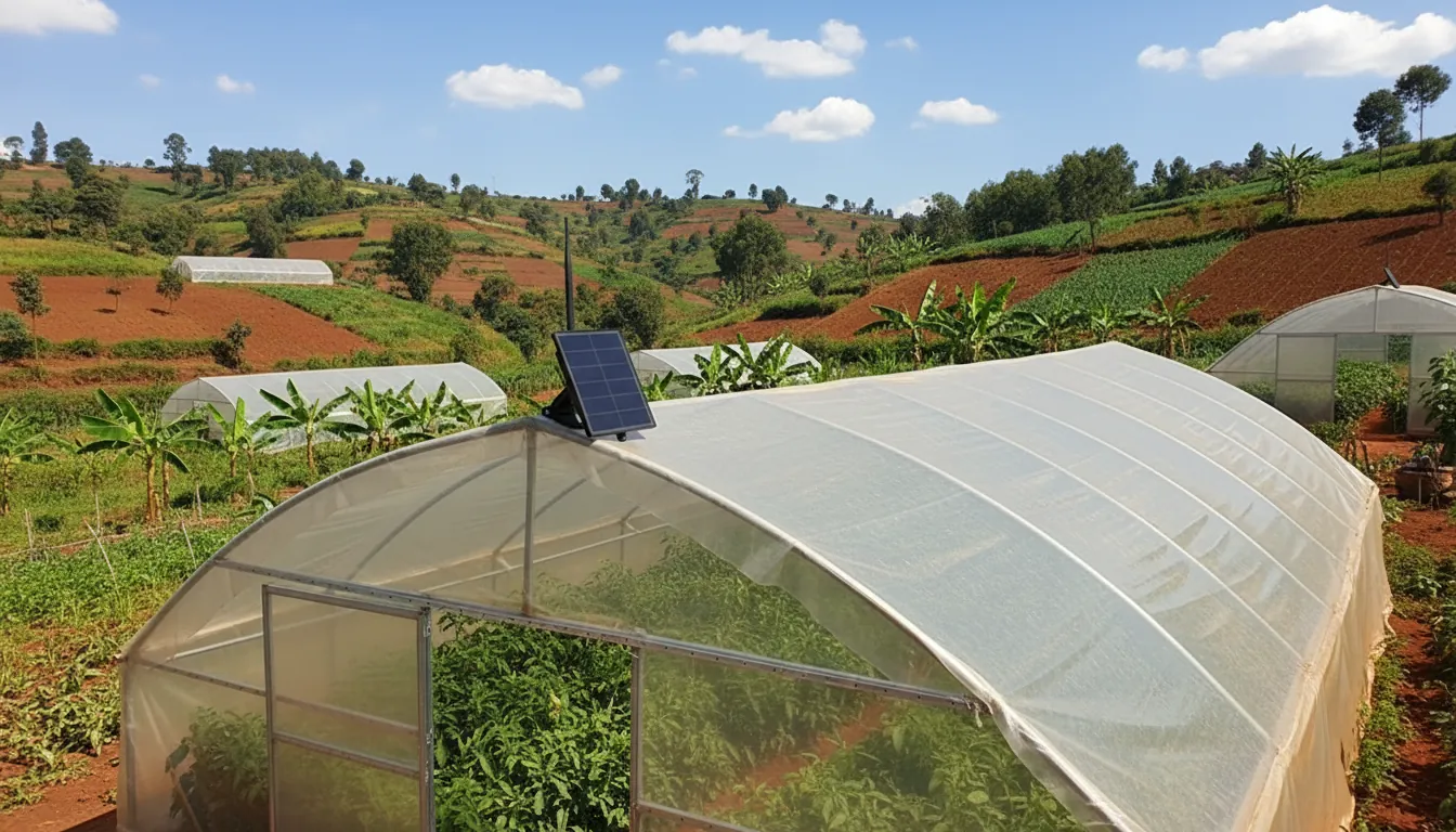 Solar-powered greenhouse tunnels on a terraced Rwandan hillside